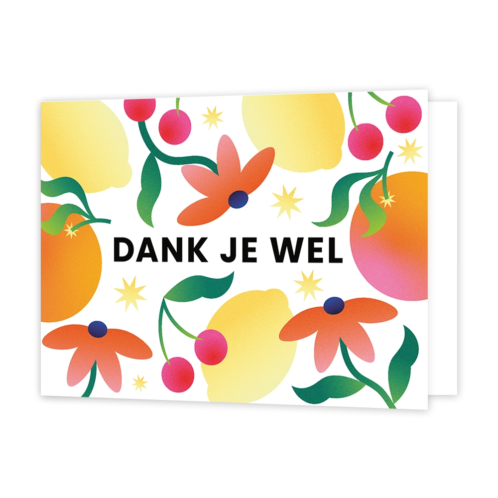 Fruit en bloemen - Formaat: Standaard - Vorm: Liggend - Blanco kaart - Op deze wenskaart staan kersen, sinasappels en citroenen samen met oranje bloemen. - Snelwenskaart