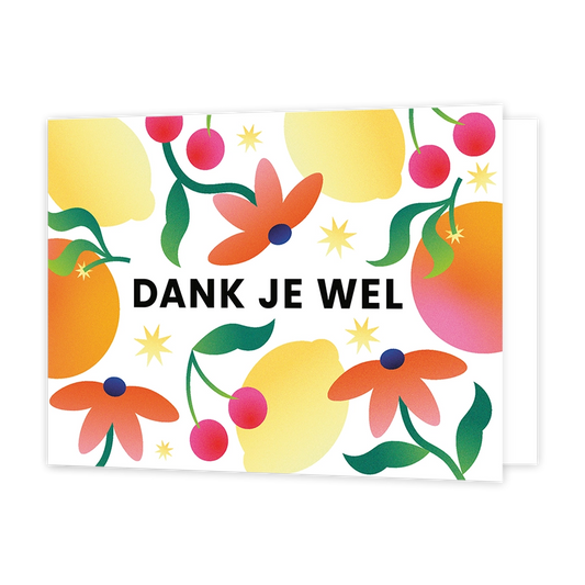 Fruit en bloemen - Formaat: Standaard - Vorm: Liggend - Blanco kaart - Op deze wenskaart staan kersen, sinasappels en citroenen samen met oranje bloemen. - Snelwenskaart