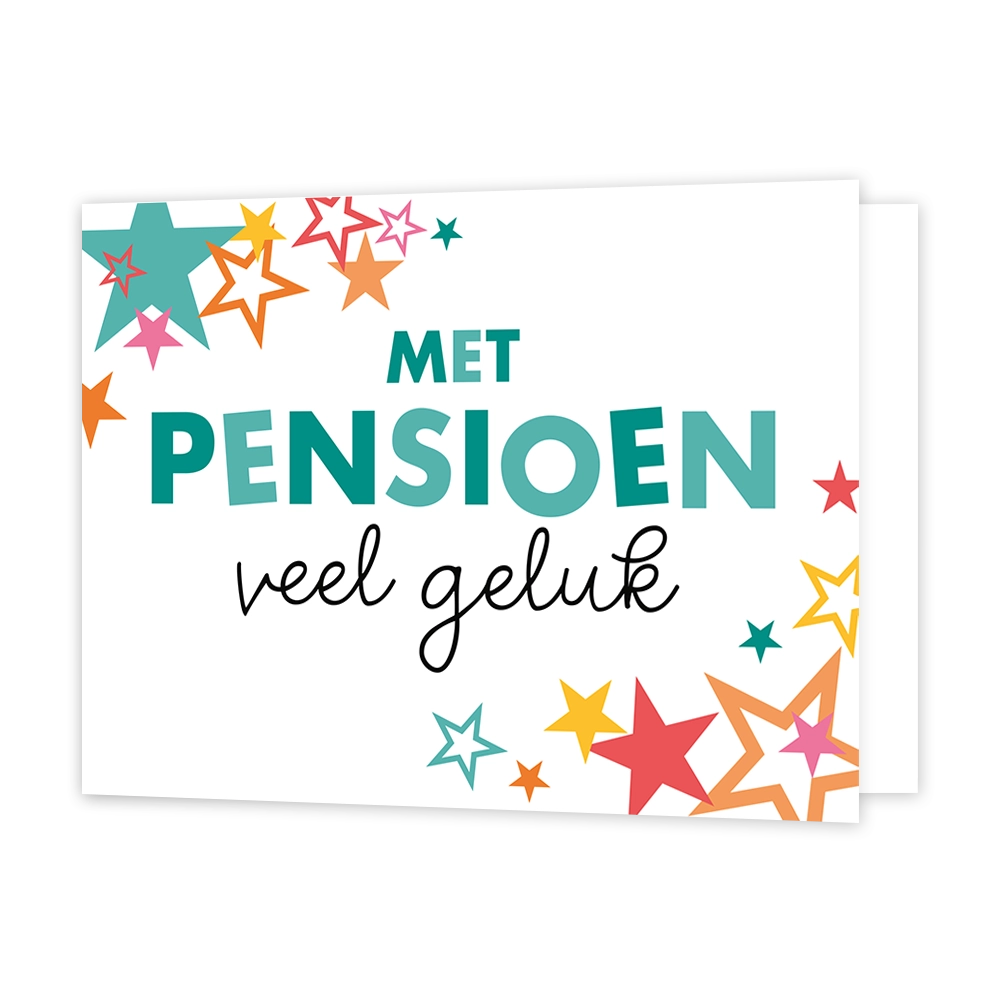 Met pensioen veel geluk - Formaat: Standaard - Vorm: Liggend - Pensioenkaart - Op deze wenskaart staan sterren in de kleuren blauw, oranje, geel en roze. In het midden staat de tekst: "Met pensioen veel geluk". - Snelwenskaart