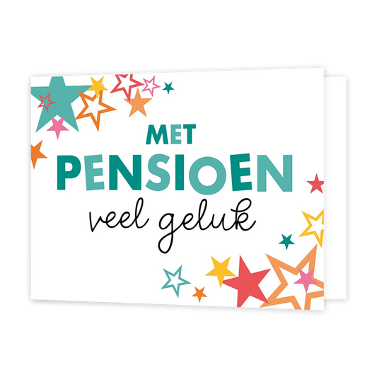 Met pensioen veel geluk - Formaat: Standaard - Vorm: Liggend - Pensioenkaart - Op deze wenskaart staan sterren in de kleuren blauw, oranje, geel en roze. In het midden staat de tekst: "Met pensioen veel geluk". - Snelwenskaart