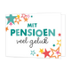 Met pensioen veel geluk - Formaat: Standaard - Vorm: Liggend - Pensioenkaart - Op deze wenskaart staan sterren in de kleuren blauw, oranje, geel en roze. In het midden staat de tekst: "Met pensioen veel geluk". - Snelwenskaart