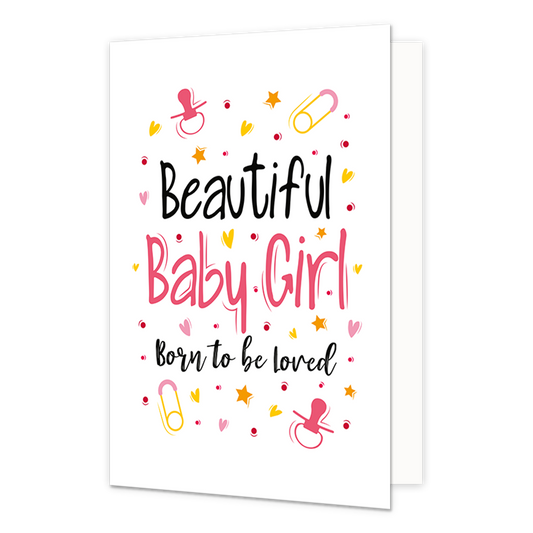 Beautiful baby girl - Formaat: Normaal - Vorm: Staand - Geboortekaart - Op deze wenskaart staan speentjes, sterren, hartjes en stippen in de kleuren geel, oranje, roze en rood, op een witte achtergrond. In het midden staat de tekst: "Beautiful baby girl born to be loved". - Snelwenskaart