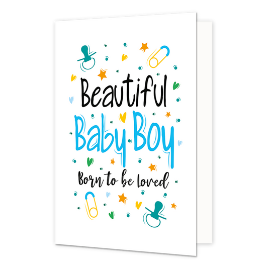 Beautiful baby boy - Formaat: Normaal - Vorm: Staand - Geboortekaart - Op deze wenskaart staan speentjes, sterren, hartjes en stippen in de kleuren geel, oranje, groen en blauw op een witte achtergrond. In het midden staat de tekst: "Beautiful baby boy born to be loved". - Snelwenskaart