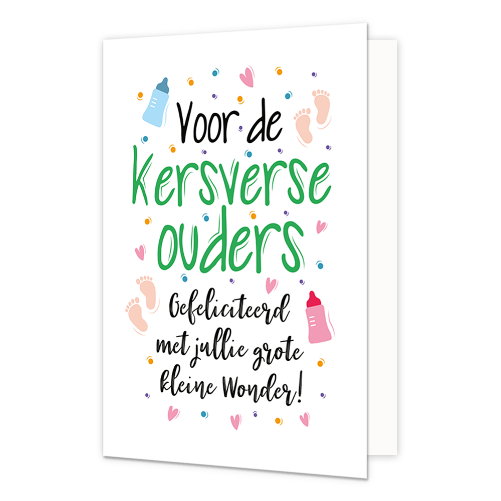Voor de kersverse ouders - Formaat: Normaal - Vorm: Staand - Geboortekaart - Op deze wenskaart staan babyflesjes, voetjes, hartjes en stippen in de kleuren blauw, roze, oranje, paars en roze, op een witte achtergrond. In het midden staat de tekst: "Voor de kersverse ouders. Gefeliciteerd met jullie grote kleine wonder". - Snelwenskaart