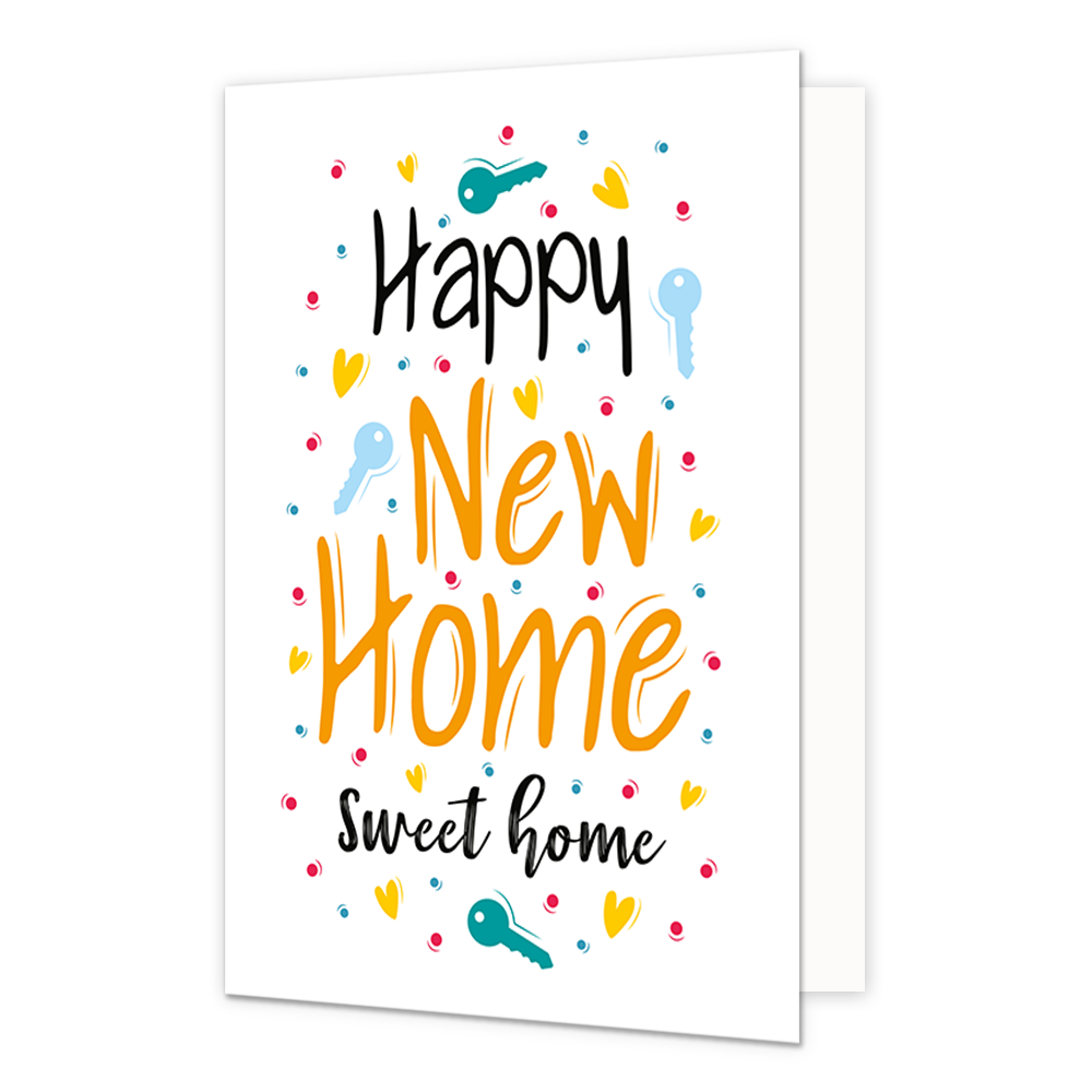Happy new home - Formaat: Normaal - Vorm: Staand - Woningkaart - Op deze wenskaart staan sleutels, hartjes en stippen in de kleuren groen, blauw, rood en geel. In het midden staat de tekst: "Happy new home sweet home". - Snelwenskaart