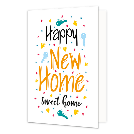 Happy new home - Formaat: Normaal - Vorm: Staand - Woningkaart - Op deze wenskaart staan sleutels, hartjes en stippen in de kleuren groen, blauw, rood en geel. In het midden staat de tekst: "Happy new home sweet home". - Snelwenskaart
