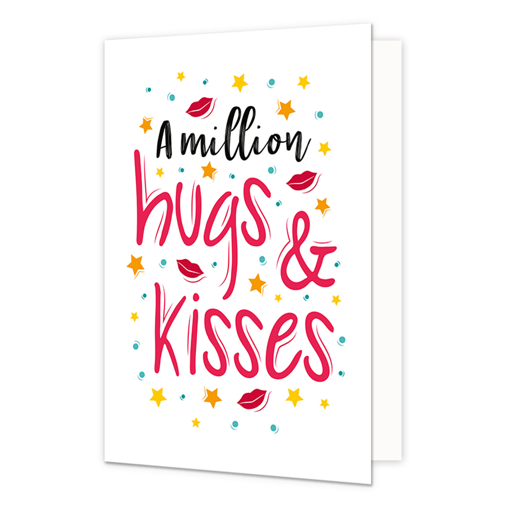 Hugs & kisses - Formaat: Normaal - Vorm: Staand - Vriendschapskaart - Op deze wenskaart staan sterren, stippen en lippen in de kleuren blauw, geel, oranje en rood. In het midden staat de tekst: "A million hugs & kisses". - Snelwenskaart