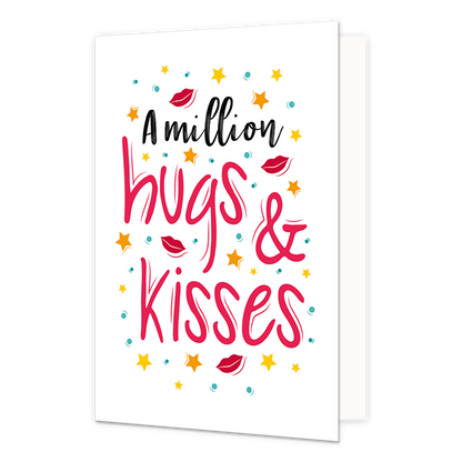 Hugs & kisses - Formaat: Normaal - Vorm: Staand - Vriendschapskaart - Op deze wenskaart staan sterren, stippen en lippen in de kleuren blauw, geel, oranje en rood. In het midden staat de tekst: "A million hugs & kisses". - Snelwenskaart