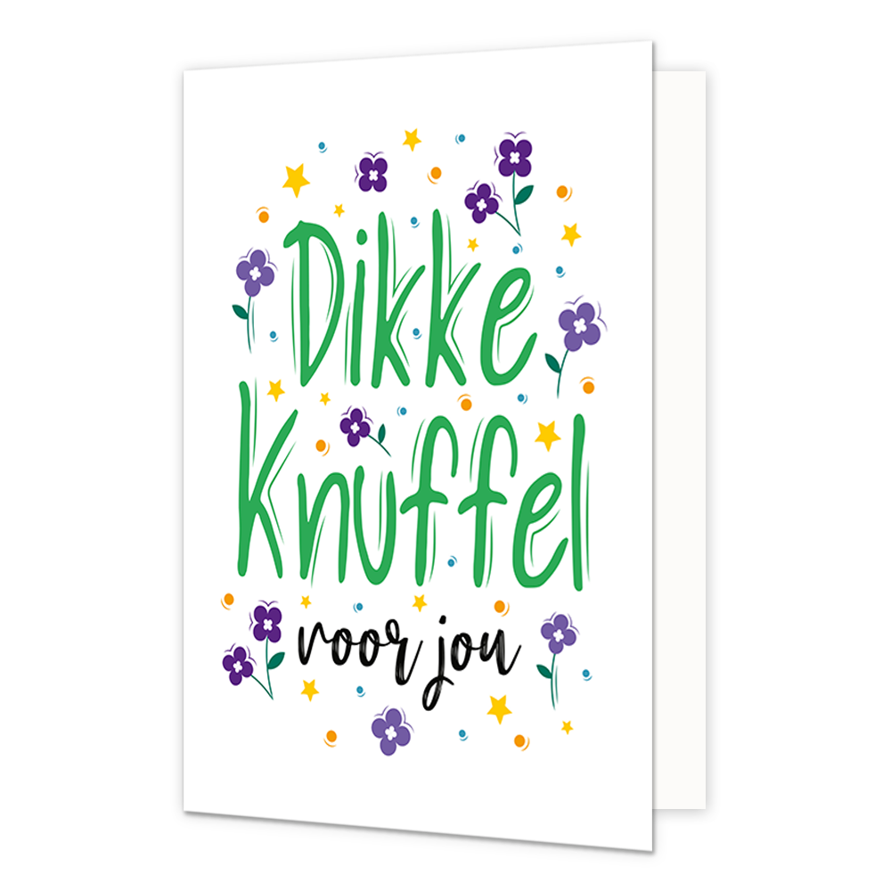 Dikke knuffel - Formaat: Normaal - Vorm: Staand - Vriendschapskaart - Op deze wenskaart staan bloemen, sterren en stippen in de kleuren paars, geel, oranje en blauw, In het midden staat de tekst: 'Dikke knuffel voor jou". - Snelwenskaart
