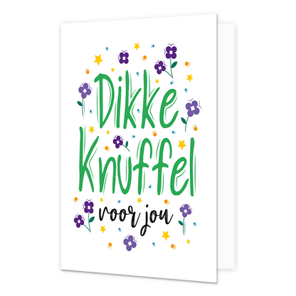 Dikke knuffel - Formaat: Normaal - Vorm: Staand - Vriendschapskaart - Op deze wenskaart staan bloemen, sterren en stippen in de kleuren paars, geel, oranje en blauw, In het midden staat de tekst: 'Dikke knuffel voor jou". - Snelwenskaart