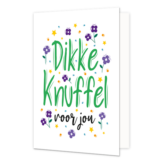 Dikke knuffel - Formaat: Normaal - Vorm: Staand - Vriendschapskaart - Op deze wenskaart staan bloemen, sterren en stippen in de kleuren paars, geel, oranje en blauw, In het midden staat de tekst: 'Dikke knuffel voor jou". - Snelwenskaart