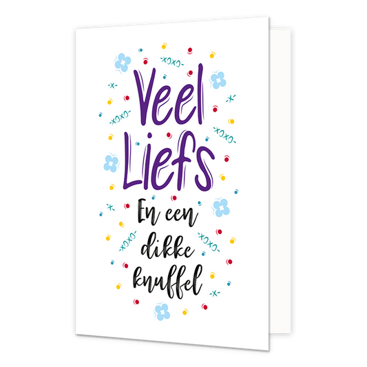 Veel liefs - Formaat: Normaal - Vorm: Staand - Vriendschapskaart - Op deze wenskaart staan bloemen en stippen in de kleuren rood, geel en blauw, en -xoxo- tekens in het groen. In het midden staat de tekst: "Veel liefs en een dikke knuffel". - Snelwenskaart