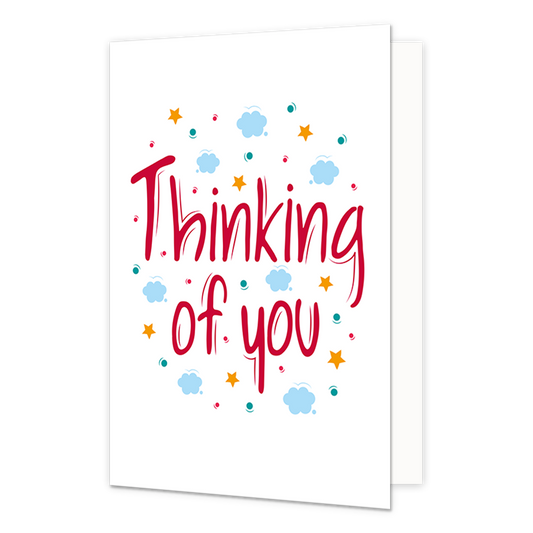 Thinking of you - Formaat: Normaal - Vorm: Staand - Denken aan kaart - Op deze wenskaart staan wolken, sterren en stippen in de kleuren oranje, rood en blauw. In het midden staat de tekst: "Thinking of you". - Snelwenskaart