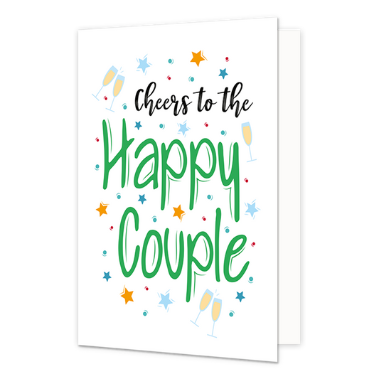 Happy couple - Formaat: Normaal - Vorm: Staand - Huwelijkskaart - Op deze wenskaart staan champagneglazen, sterren en stippen in de kleuren blauw, oranje en rood. In het midden staat de tekst: "Cheers to the happy couple". - Snelwenskaart