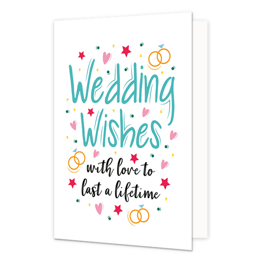 Wedding wishes - Formaat: Normaal - Vorm: Staand - Huwelijkskaart - Op deze wenskaart staan hartjes, sterren, stippen en trouwringen, in de kleuren roze, oranje, rood, geel en groen. In het midden staat de tekst: "Wedding wishes with love to last a lifetime". - Snelwenskaart