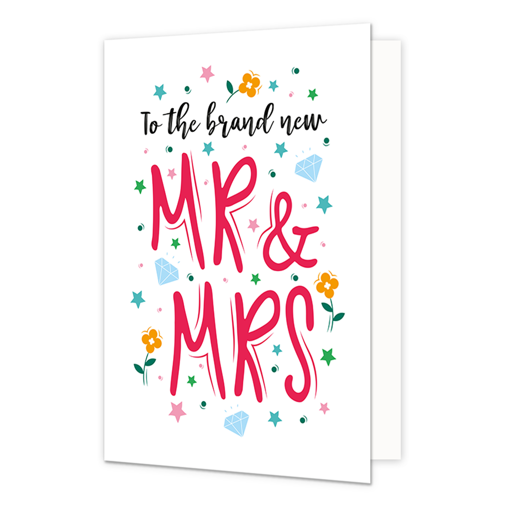 To the brand new Mr & Mrs - Formaat: Normaal - Vorm: Staand - Huwelijkskaart - Op deze wenskaart staan diamanten, blauwen, sterren en stippen in de kleuren blauw, groen, oranje en roze. In het midden staat de tekst: "To the brand new MR & MRS". - Snelwenskaart