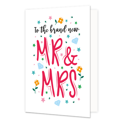 To the brand new Mr & Mrs - Formaat: Normaal - Vorm: Staand - Huwelijkskaart - Op deze wenskaart staan diamanten, blauwen, sterren en stippen in de kleuren blauw, groen, oranje en roze. In het midden staat de tekst: "To the brand new MR & MRS". - Snelwenskaart