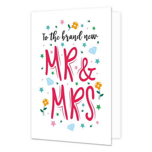 To the brand new Mr & Mrs - Formaat: Normaal - Vorm: Staand - Huwelijkskaart - Op deze wenskaart staan diamanten, blauwen, sterren en stippen in de kleuren blauw, groen, oranje en roze. In het midden staat de tekst: "To the brand new MR & MRS". - Snelwenskaart