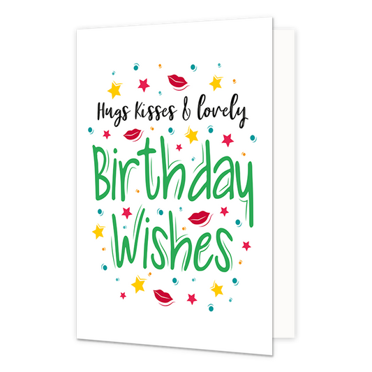 Birthday wishes - Formaat: Normaal - Vorm: Staand - Verjaardagskaart - Op deze wenskaart staan sterren, lippen en stippen in de kleuren rood, geel en blauw. In het midden staat de tekst: "hugs kisses & lovely birthday wishes". - Snelwenskaart