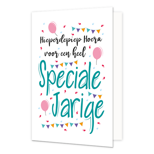 Speciale jarige - Formaat: Normaal - Vorm: Staand - Verjaardagskaart - Op deze wenskaart staan slingers, ballonnen en confetti in de kleuren roze, rood, blauw, paars en oranje. In het midden staat de tekst: "Speciale jarige". - Snelwenskaart