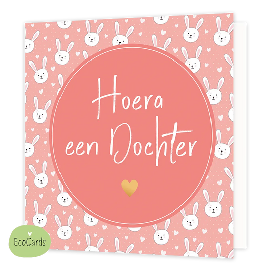 Hoera een dochter - Afmeting: {"value":14.0,"unit":"CENTIMETERS"} x {"value":14.0,"unit":"CENTIMETERS"} - Formaat: Normaal - Vorm: Vierkant - Geboortekaart - Op deze wenskaart staan witte konijntjes en hartjes met in het midden een grote roze cirkel met de tekst: "Hoera een dochter". - Snelwenskaart