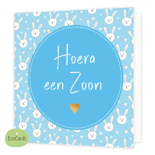 Hoera een zoon - Afmeting: {"value":14.0,"unit":"CENTIMETERS"} x {"value":14.0,"unit":"CENTIMETERS"} - Formaat: Normaal - Vorm: Vierkant - Geboortekaart - Op deze wenskaart staan witte konijntjes en hartjes met in het midden een grote blauwe cirkel met de tekst: "Hoera een zoon". - Snelwenskaart