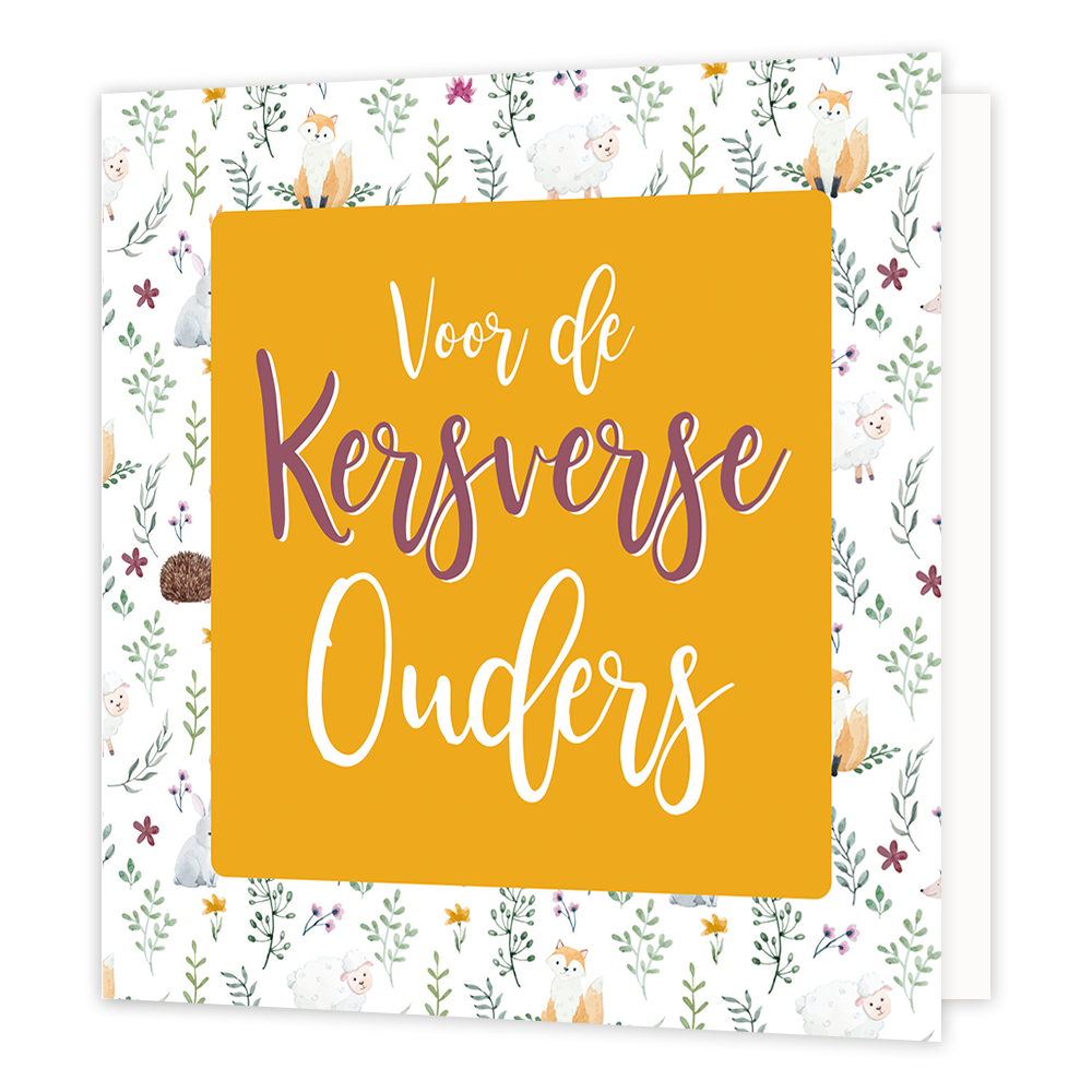 Voor de kersverse ouders - Formaat: Standaard - Vorm: Vierkant - Geboortekaart - Op deze wenskaart staan groene bladeren, bloemen en dieren zoals vossen, konijnen, schapen en egeltjes. In het midden staat een oranje vierkant met de tekst: "Voor de kersverse ouders". - Snelwenskaart