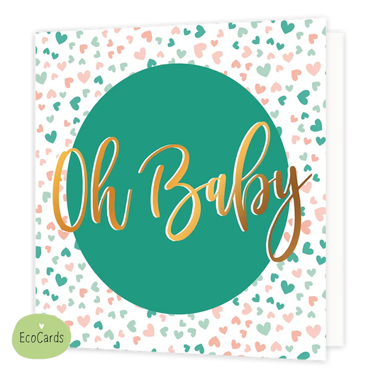 Oh baby - Afmeting: {"value":14.0,"unit":"CENTIMETERS"} x {"value":14.0,"unit":"CENTIMETERS"} - Formaat: Normaal - Vorm: Vierkant - Geboortekaart - Op deze wenskaart staan roze, beige en groen hartjes met in het midden een groene cirkel met de tekst: "Oh baby". - Snelwenskaart
