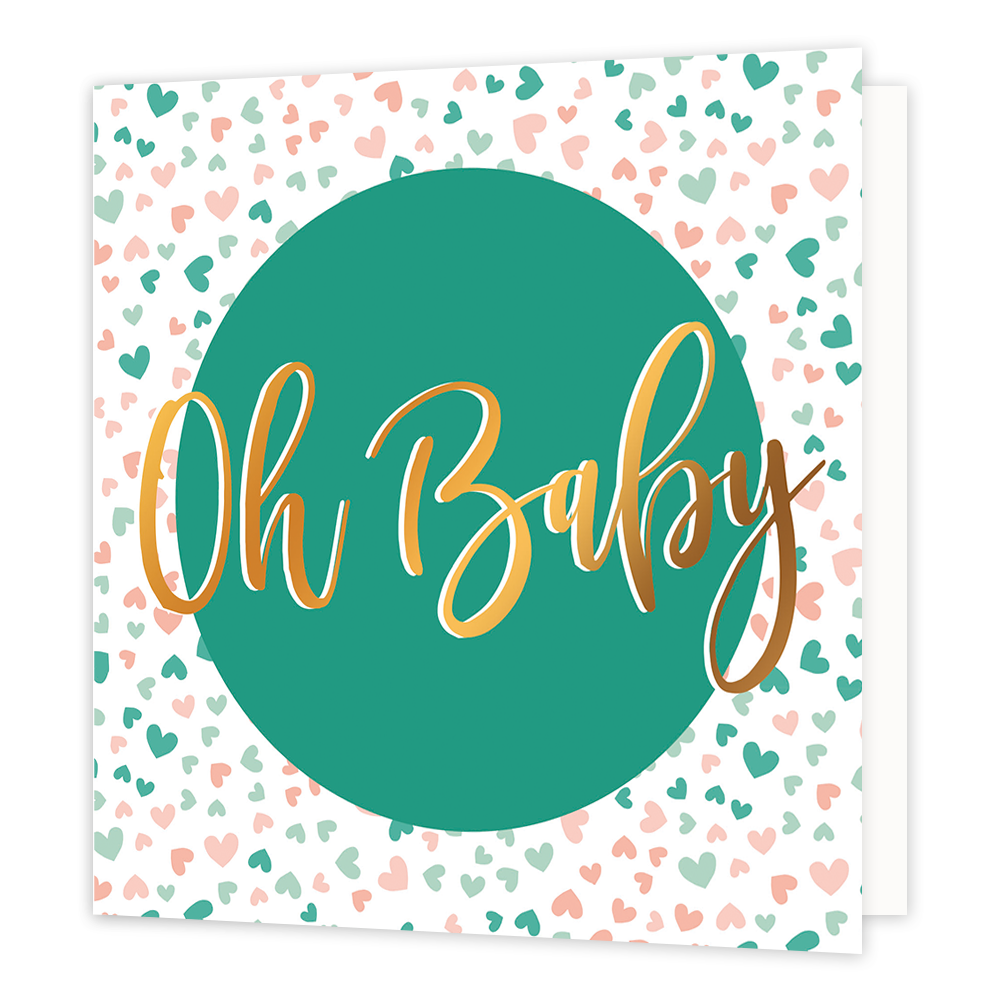 Oh baby - Formaat: Normaal - Vorm: Vierkant - Geboortekaart - Op deze wenskaart staan roze, beige en groen hartjes met in het midden een groene cirkel met de tekst: "Oh baby". - Snelwenskaart