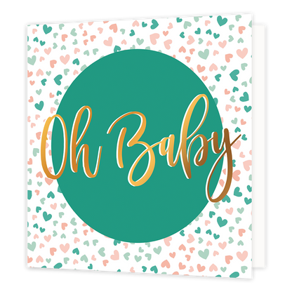 Oh baby - Formaat: Normaal - Vorm: Vierkant - Geboortekaart - Op deze wenskaart staan roze, beige en groen hartjes met in het midden een groene cirkel met de tekst: "Oh baby". - Snelwenskaart
