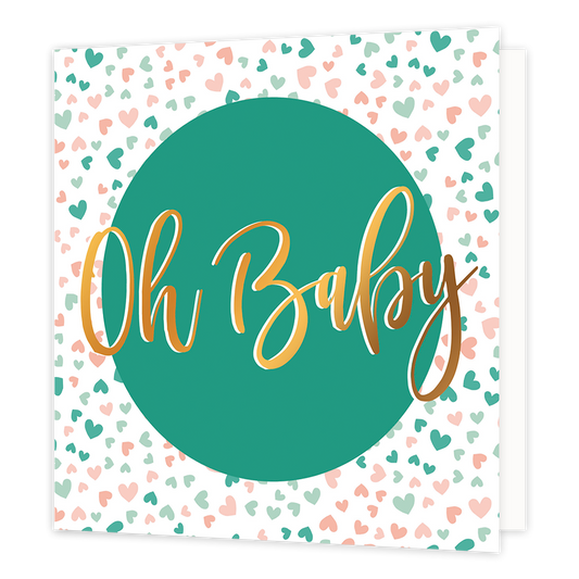 Oh baby - Formaat: Normaal - Vorm: Vierkant - Geboortekaart - Op deze wenskaart staan roze, beige en groen hartjes met in het midden een groene cirkel met de tekst: "Oh baby". - Snelwenskaart