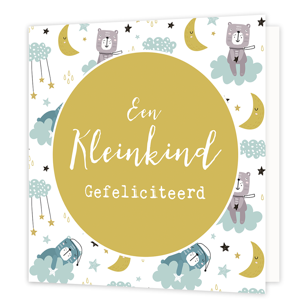 Een kleinkind - Formaat: Standaard - Vorm: Vierkant - Geboortekaart - Op deze wenskaart staan getekende beren, manen, sterren en wolkjes. In het midden staat een gele cirkel met de tekst: "Een kleinkind gefeliciteerd". - Snelwenskaart