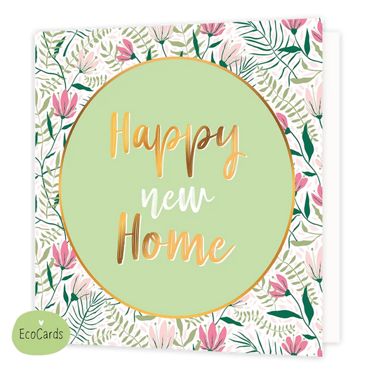 Happy new home - Afmeting: {"value":14.0,"unit":"CENTIMETERS"} x {"value":14.0,"unit":"CENTIMETERS"} - Formaat: Normaal - Vorm: Vierkant - Woningkaart - Op deze wenskaart staan roze bloemen met groene bladeren. In het midden staat een groene crikel met gouden omlijning en in het midden de tekst: "Happy new home". - Snelwenskaart