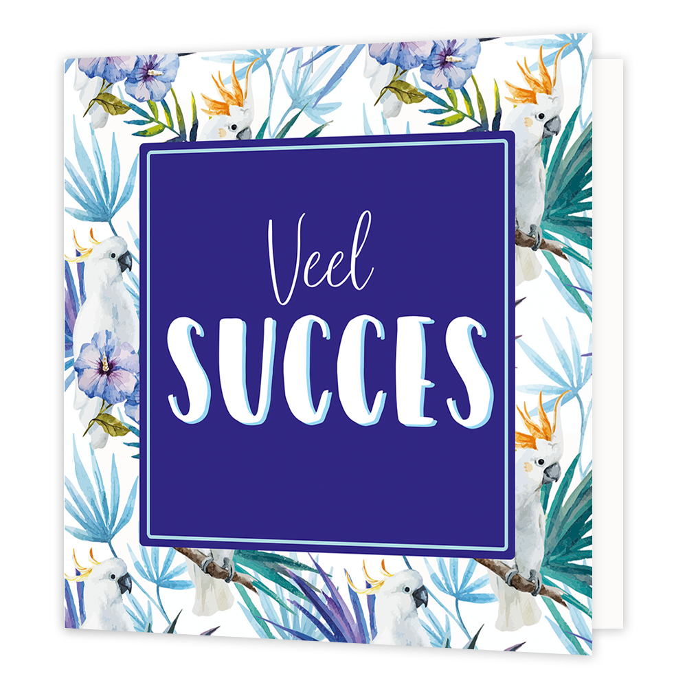 Veel succes - Formaat: Normaal - Vorm: Vierkant - Succes kaart - Op deze wenskaart staan groene en blauwe bloemen met witte vogels. In het midden staat een blauw vierkant met de tekst: "Veel succes". - Snelwenskaart
