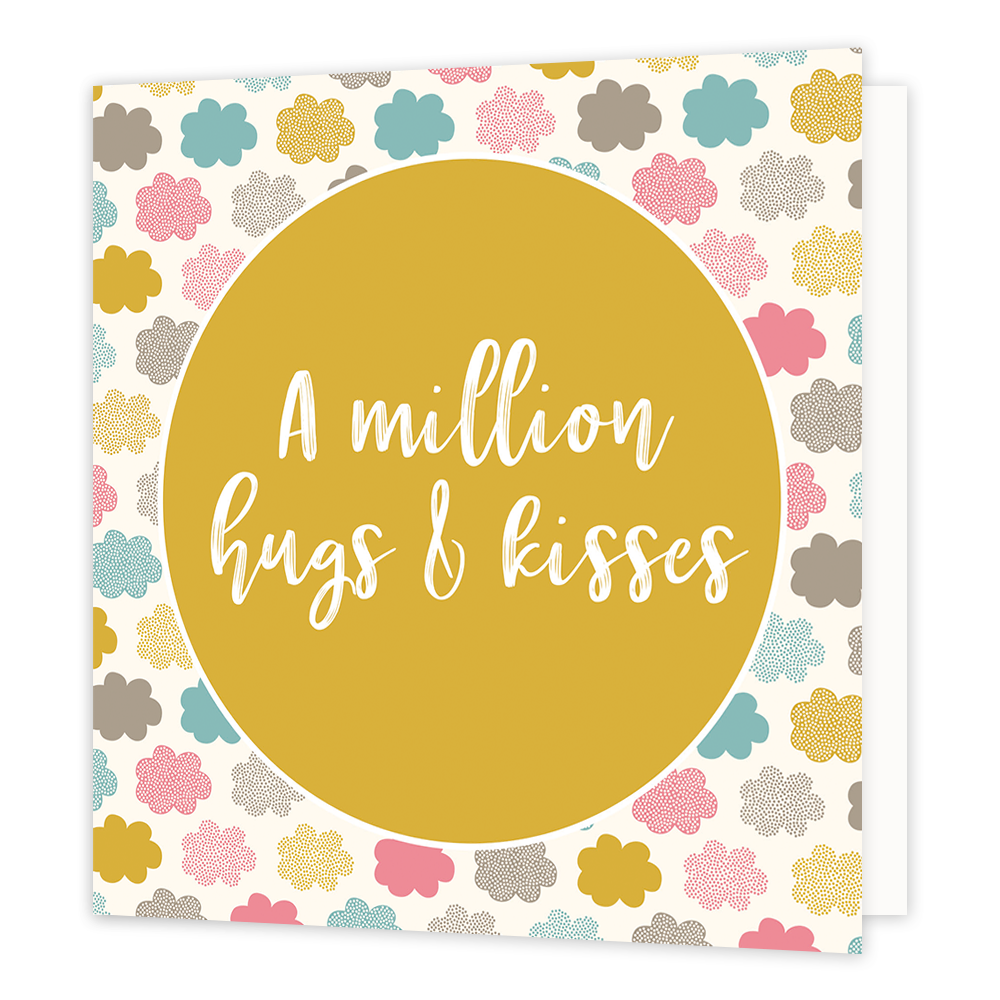 A million hugs & kisses - Formaat: Normaal - Vorm: Vierkant - Vriendschapskaart - Op deze wenskaart staan wolken in diverse kleuren met in het midden een gele cirkel met de tekst: "A million hug". - Snelwenskaart