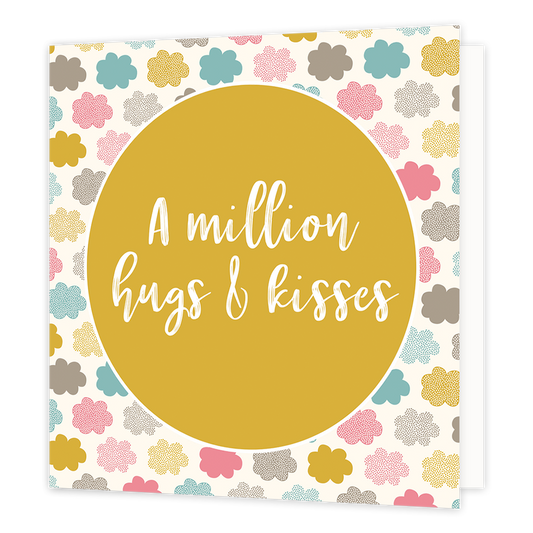 A million hugs & kisses - Formaat: Normaal - Vorm: Vierkant - Vriendschapskaart - Op deze wenskaart staan wolken in diverse kleuren met in het midden een gele cirkel met de tekst: "A million hug". - Snelwenskaart