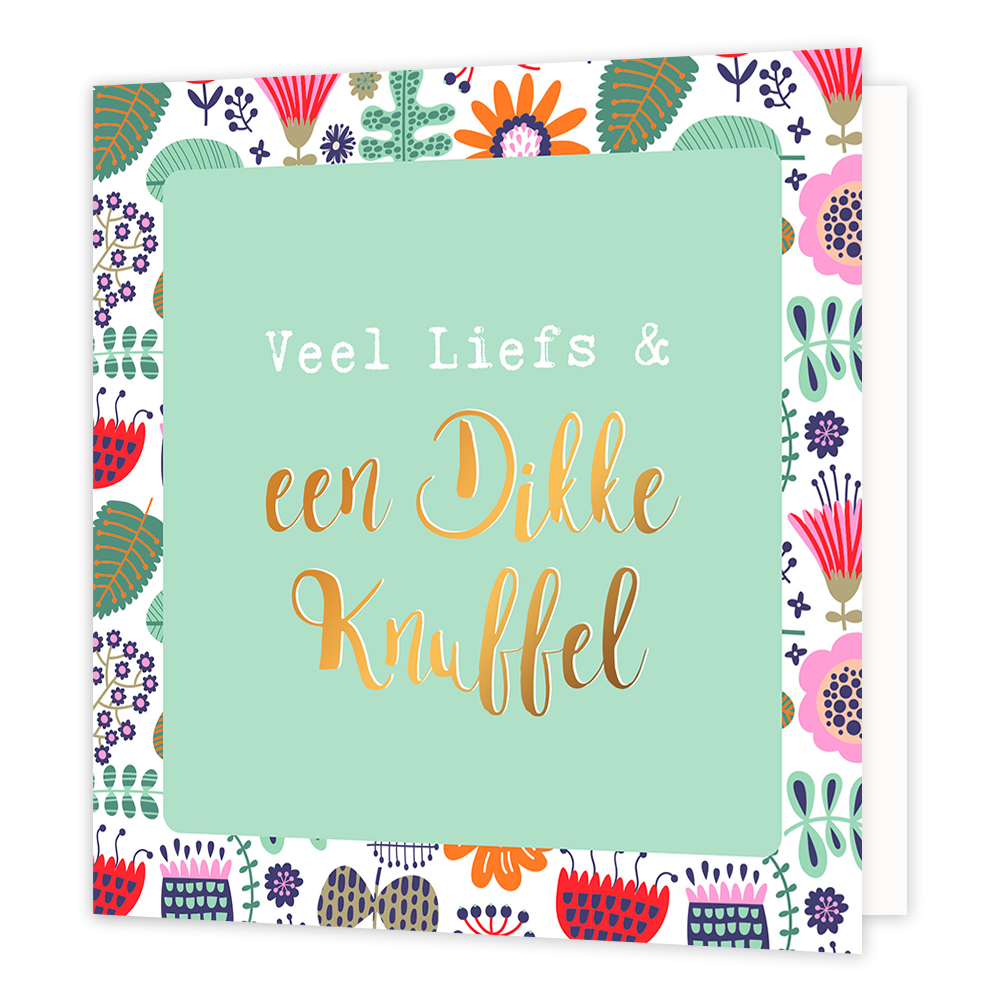 Veel liefs & een dikke knuffel - Formaat: Normaal - Vorm: Vierkant - Vriendschapskaart - Op deze wenskaart staan bloemen en bladeren in diverse kleuren met in het midden een mintgroen vierkant met de tekst: "Veel liefs & een dikke knuffel". - Snelwenskaart