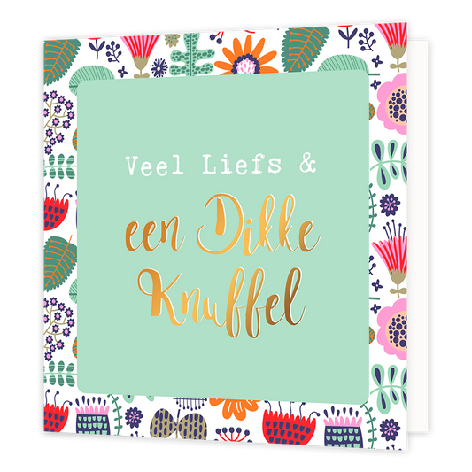 Veel liefs & een dikke knuffel - Formaat: Normaal - Vorm: Vierkant - Vriendschapskaart - Op deze wenskaart staan bloemen en bladeren in diverse kleuren met in het midden een mintgroen vierkant met de tekst: "Veel liefs & een dikke knuffel". - Snelwenskaart