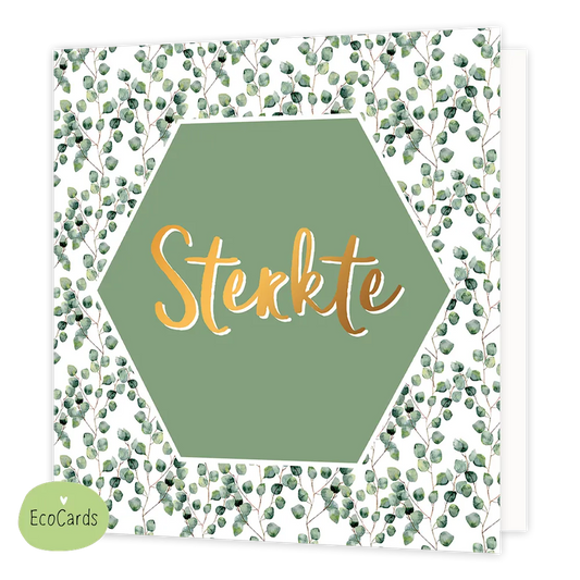 Sterkte - Afmeting: {"value":14.0,"unit":"CENTIMETERS"} x {"value":14.0,"unit":"CENTIMETERS"} - Formaat: Normaal - Vorm: Vierkant - Sterkte kaart - Op deze wenskaart staan groene bladeren met een groene zeshoek in het midden en de tekst: "Sterkte". - Snelwenskaart