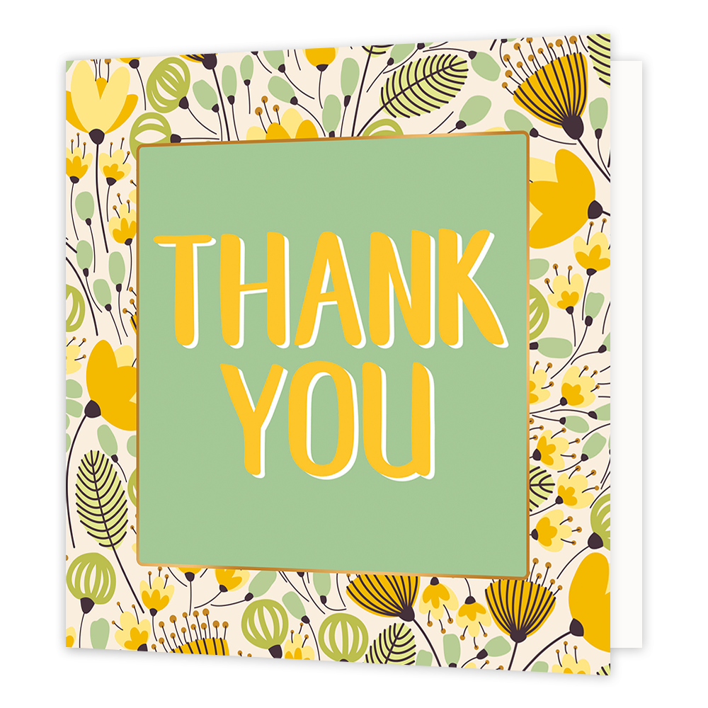 Thank you - Formaat: Normaal - Vorm: Vierkant - Bedankkaart - Op deze wenskaart staan gele en groene bloemen met in het midden een groen vierkant met gouden omlijning en de tekst: "Thank you". - Snelwenskaart
