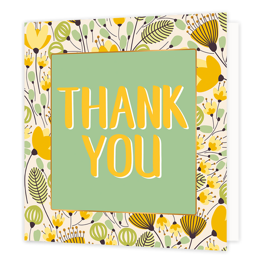 Thank you - Formaat: Normaal - Vorm: Vierkant - Bedankkaart - Op deze wenskaart staan gele en groene bloemen met in het midden een groen vierkant met gouden omlijning en de tekst: "Thank you". - Snelwenskaart