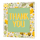 Thank you - Formaat: Normaal - Vorm: Vierkant - Bedankkaart - Op deze wenskaart staan gele en groene bloemen met in het midden een groen vierkant met gouden omlijning en de tekst: "Thank you". - Snelwenskaart