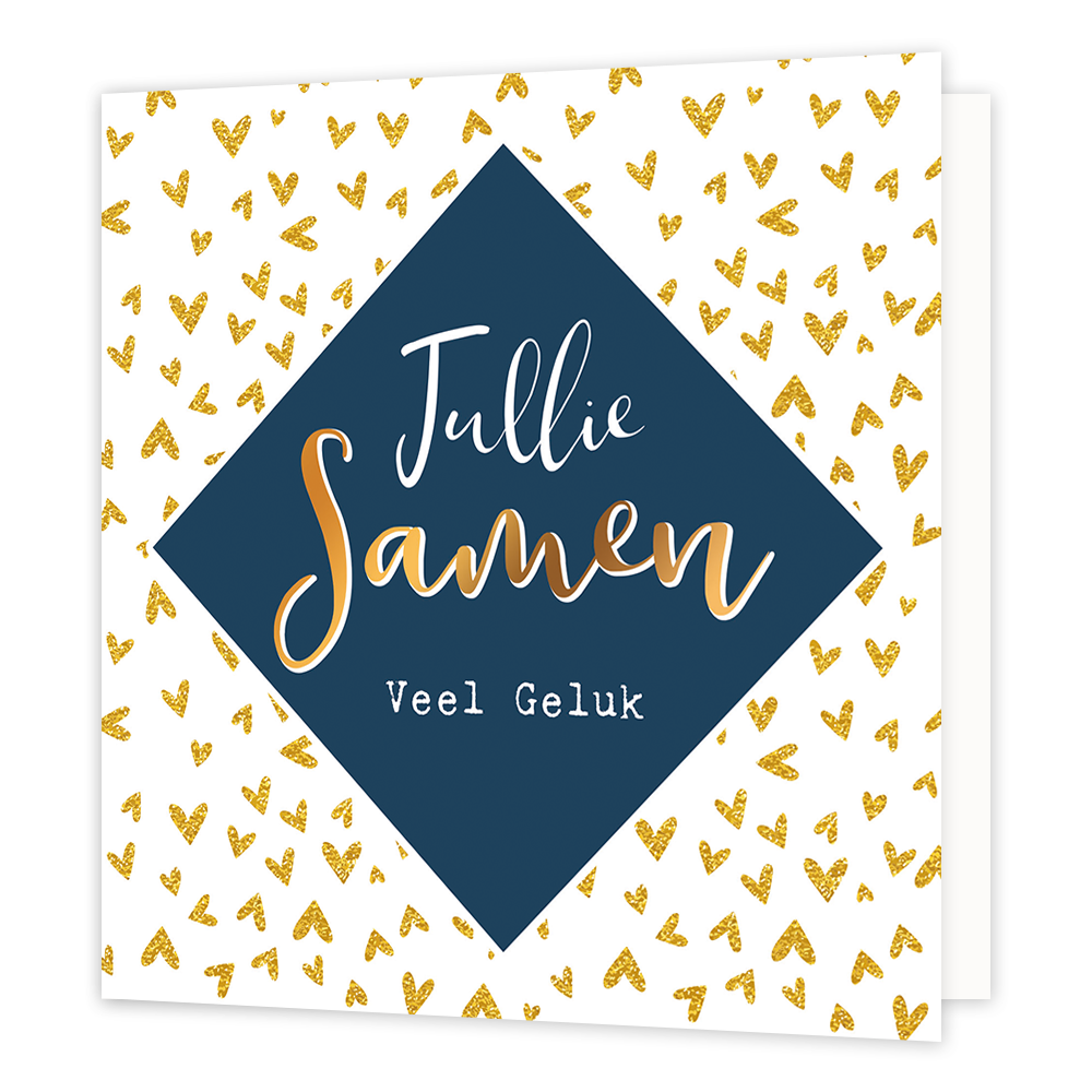 Jullie samen veel geluk - Formaat: Normaal - Vorm: Vierkant - Huwelijkskaart - Op deze wenskaart staan gouden hartjes met in het midden een blauwe ruit en de tekst: "Jullie samen veel geluk". - Snelwenskaart
