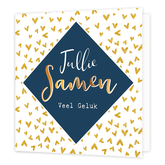 Jullie samen veel geluk - Formaat: Normaal - Vorm: Vierkant - Huwelijkskaart - Op deze wenskaart staan gouden hartjes met in het midden een blauwe ruit en de tekst: "Jullie samen veel geluk". - Snelwenskaart