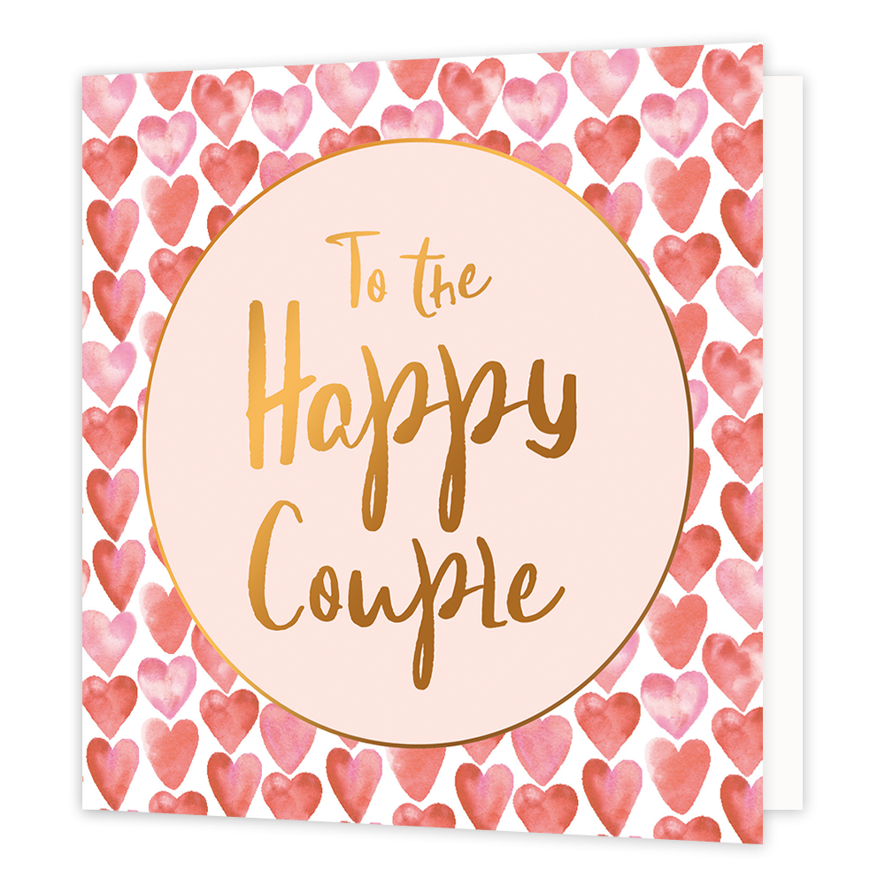 To the happy couple - Formaat: Normaal - Vorm: Vierkant - Huwelijkskaart - Op deze wenskaart staan hartjes met in het midden een beige cirkel met gouden omlijning en de tekst: "To the happy couple". - Snelwenskaart