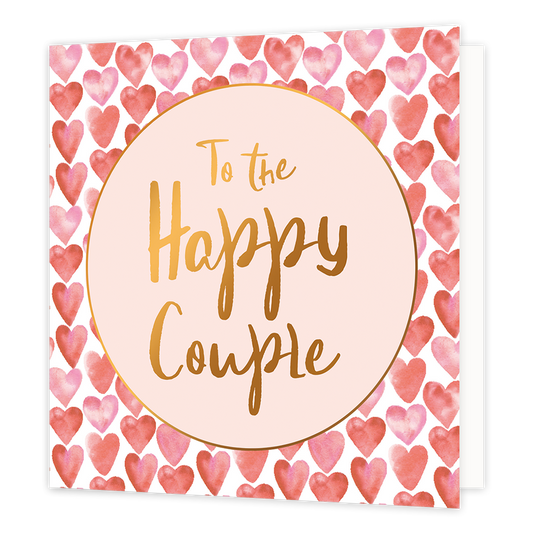 To the happy couple - Formaat: Normaal - Vorm: Vierkant - Huwelijkskaart - Op deze wenskaart staan hartjes met in het midden een beige cirkel met gouden omlijning en de tekst: "To the happy couple". - Snelwenskaart