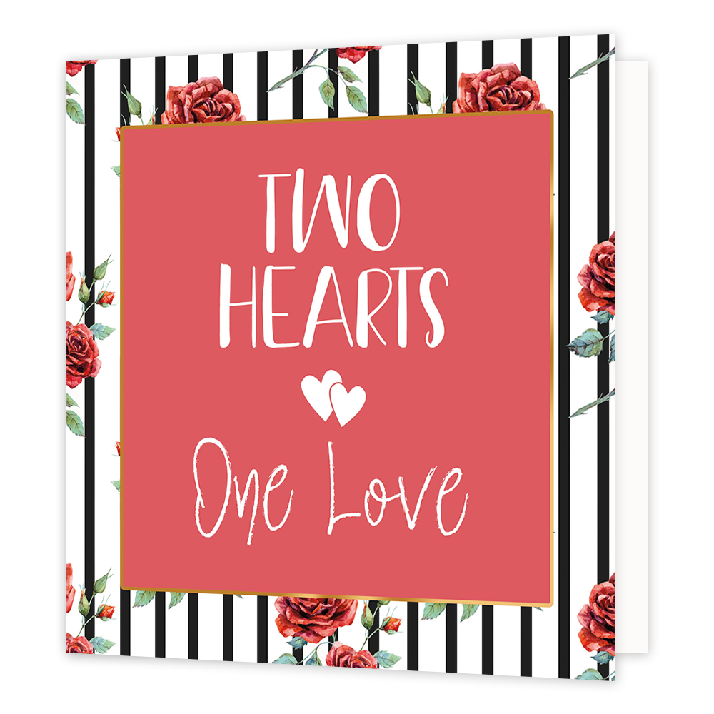 Two hearts one love - Formaat: Normaal - Vorm: Vierkant - Liefdeskaart - Op deze wenskaart staan zwarte lijnen met rode rozen. In het midden staat een rode vierkant met gouden omlijning en de tekst: "Two hearts one love". - Snelwenskaart