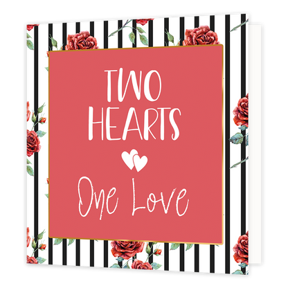 Two hearts one love - Formaat: Normaal - Vorm: Vierkant - Liefdeskaart - Op deze wenskaart staan zwarte lijnen met rode rozen. In het midden staat een rode vierkant met gouden omlijning en de tekst: "Two hearts one love". - Snelwenskaart