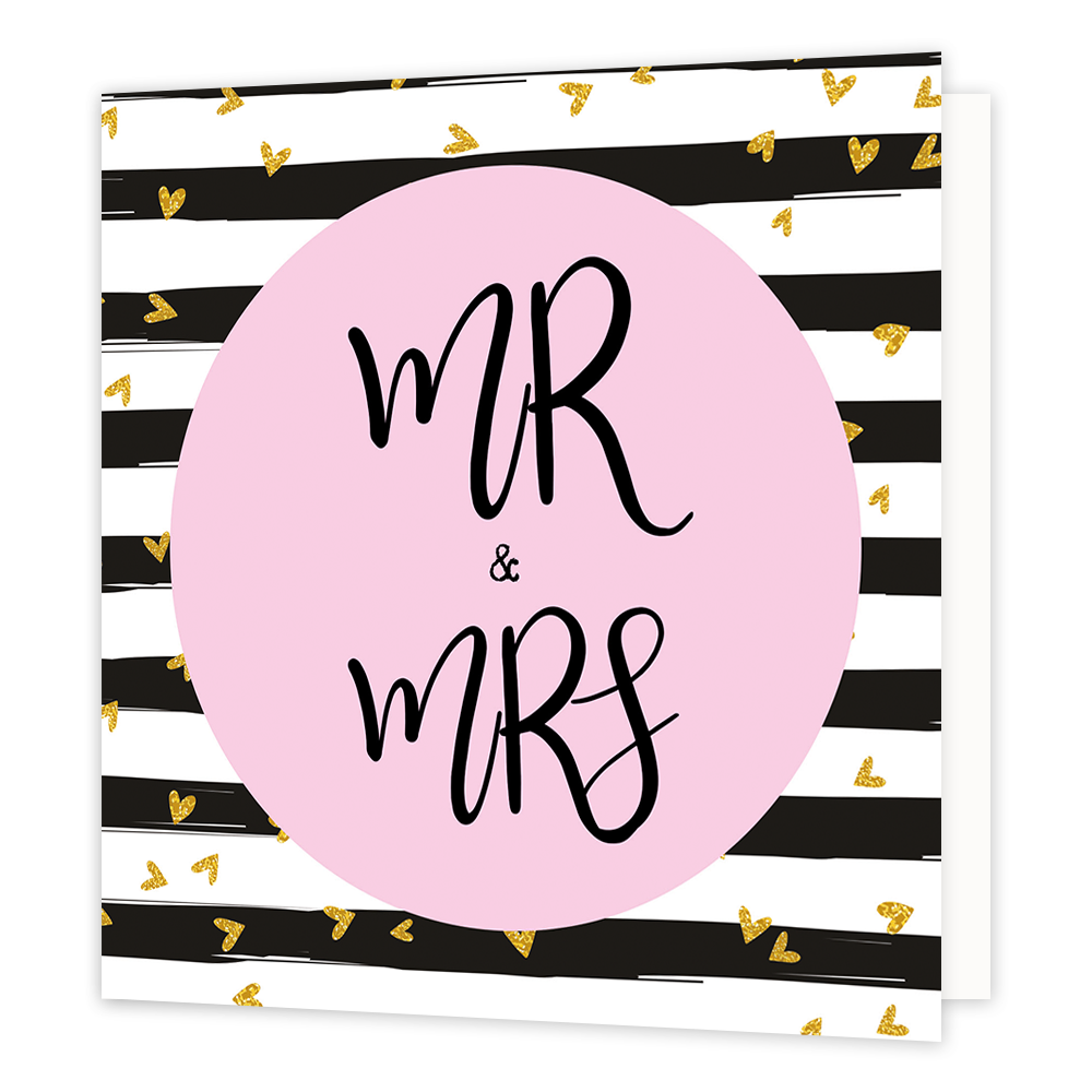 Mr & Mrs - Formaat: Normaal - Vorm: Vierkant - Huwelijkskaart - Op deze wenskaart staan zwarte en witte lijnen met kleine gouden hartjes. In het midden staat een roze cirkel met de tekst: "MR & MRS". - Snelwenskaart