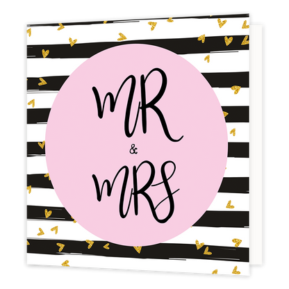 Mr & Mrs - Formaat: Normaal - Vorm: Vierkant - Huwelijkskaart - Op deze wenskaart staan zwarte en witte lijnen met kleine gouden hartjes. In het midden staat een roze cirkel met de tekst: "MR & MRS". - Snelwenskaart